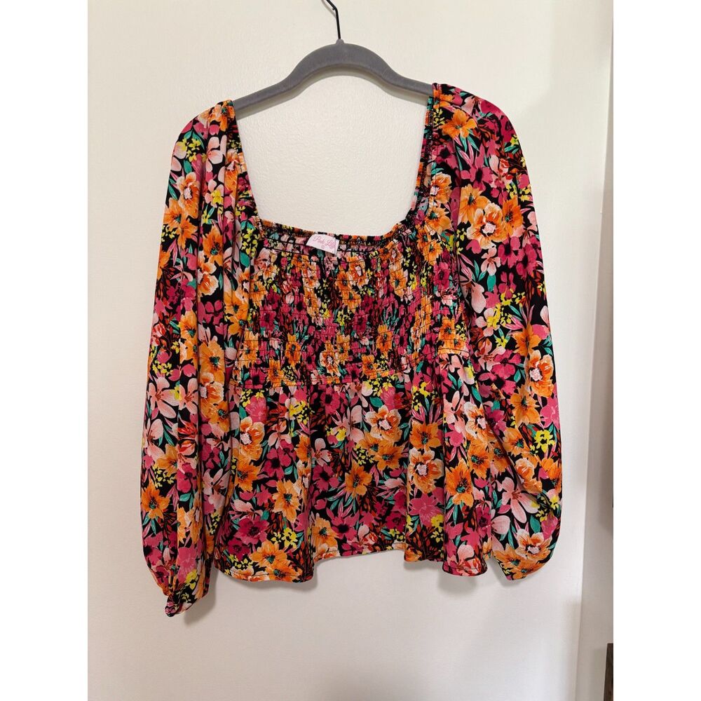 Pink Lily Floral Smocked Blouse‎ XL Cottagecore Boho Puff Sleeve Top Whimsy